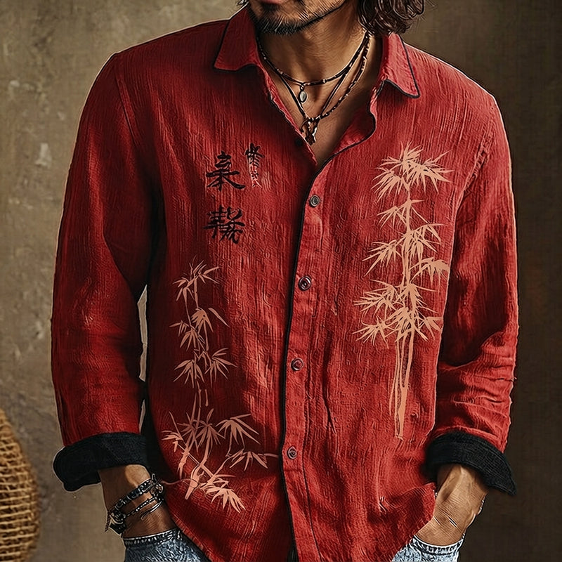 Men's Retro Japanese Bamboo And Calligraphy Art Pattern Casual Shirt