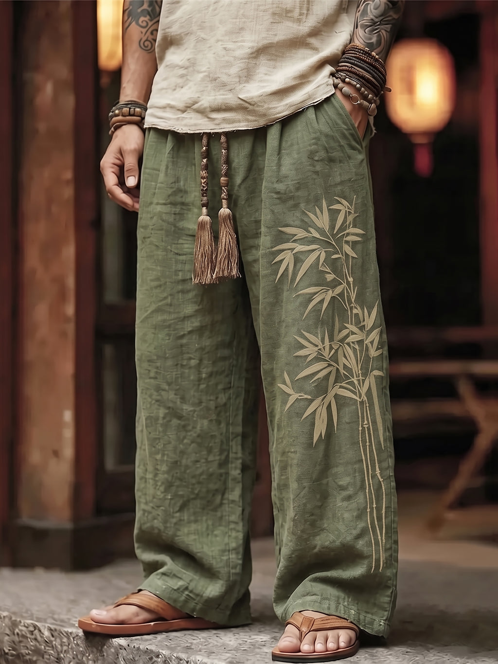 Men's Vintage Japanese Bamboo Art Print Linen Blend Pants