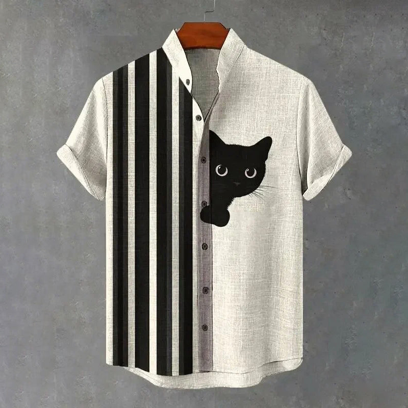 Men's Vintage Black Cat With Stripes Art Short Sleeve Shirt