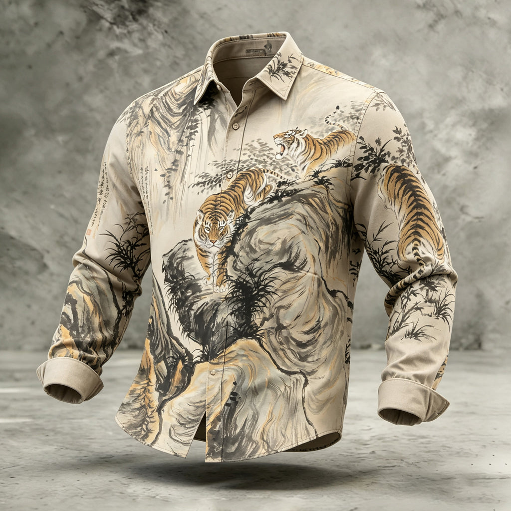 Men's Retro Japanese Tiger Calligraphy Art Print Linen Blend Long-sleeve Shirt