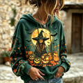 Women's Green Pullover Hoodie With Halloween Witch, Jack-o'-lanterns, Bats, And Autumn Leaves Print
