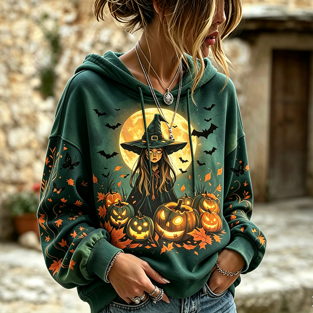 Women's Green Pullover Hoodie With Halloween Witch, Jack-o'-lanterns, Bats, And Autumn Leaves Print