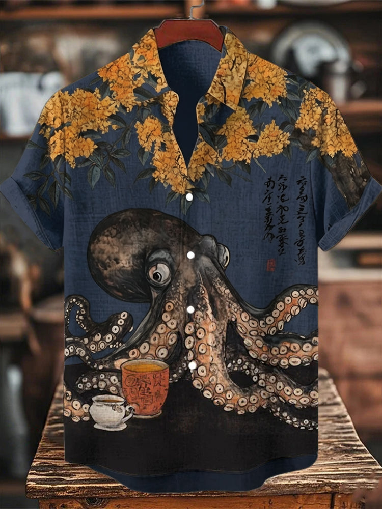 Men's Octopus Drinking Tea Under The Osmanthus Tree Art Print Short Sleeve Shirt