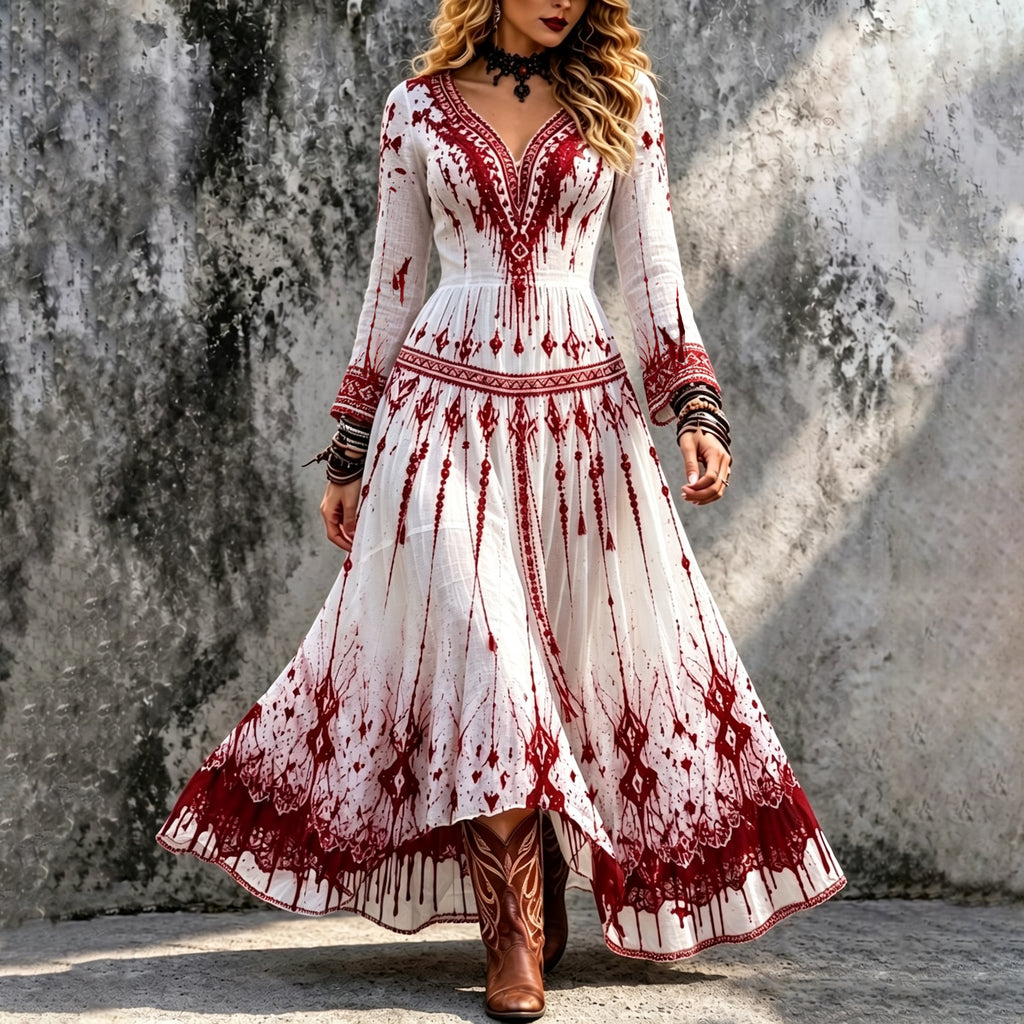 Women's Halloween Bloody  With Bohemia Ethnic Patterns Long Sleeve Maxi Dress