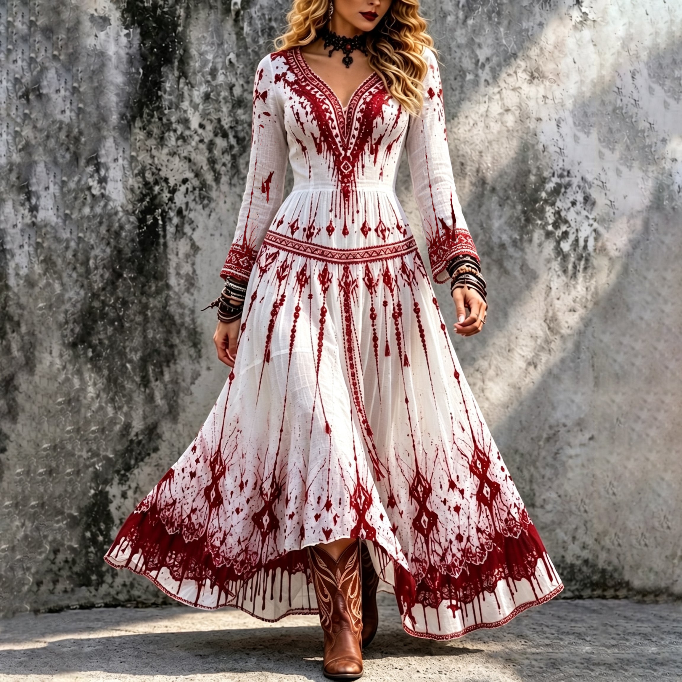 Women's Halloween Bloody  With Bohemia Ethnic Patterns Long Sleeve Maxi Dress