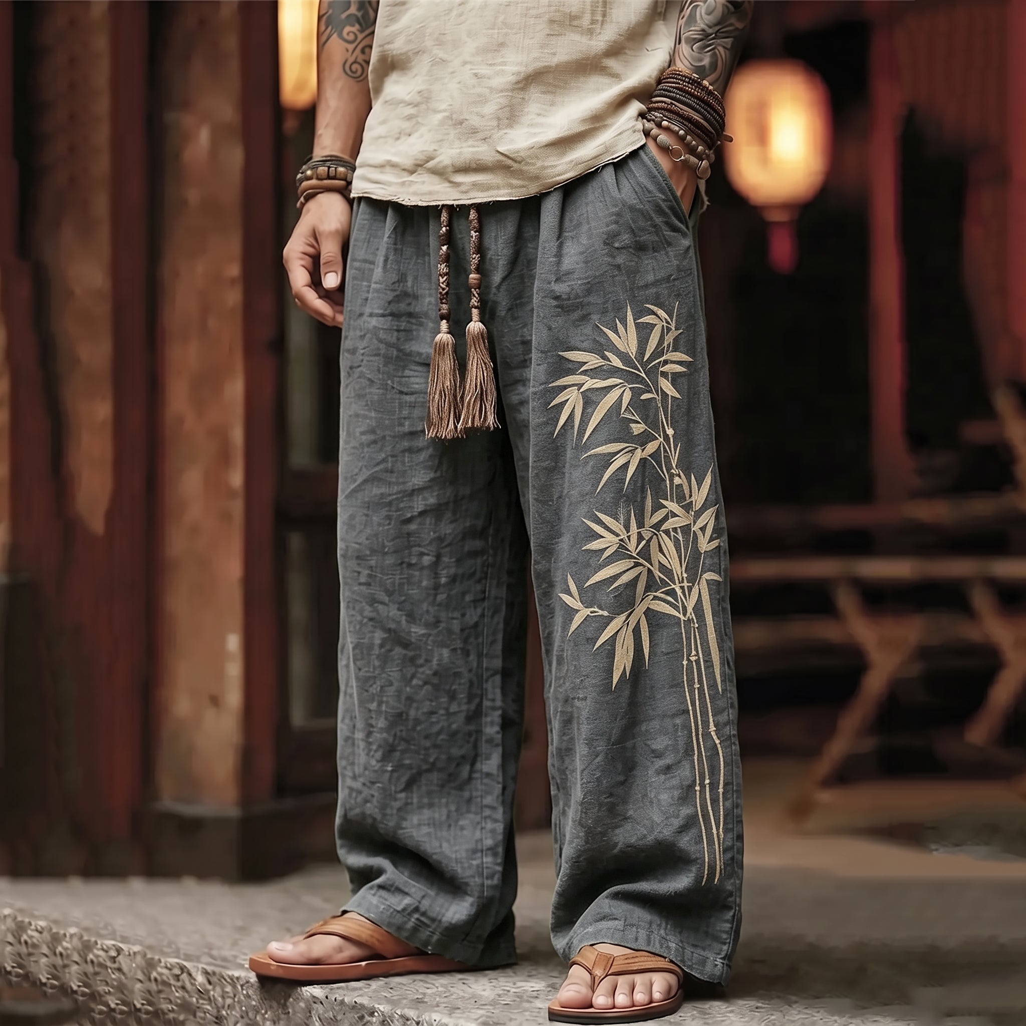 Men's Vintage Japanese Bamboo Art Print Linen Blend Pants