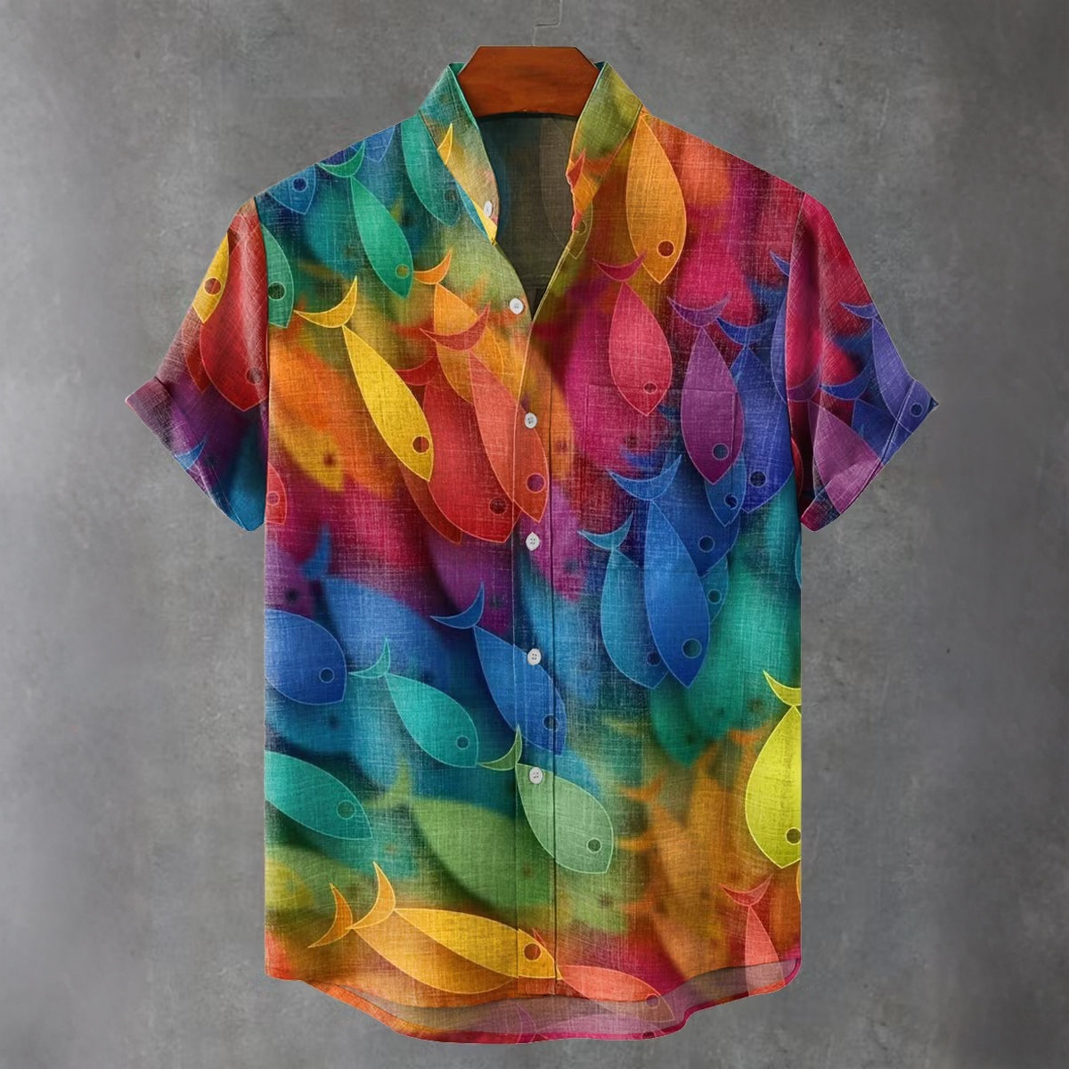 Men's Abstract Colorful School Of Fish Vintage Print Casual Shirt