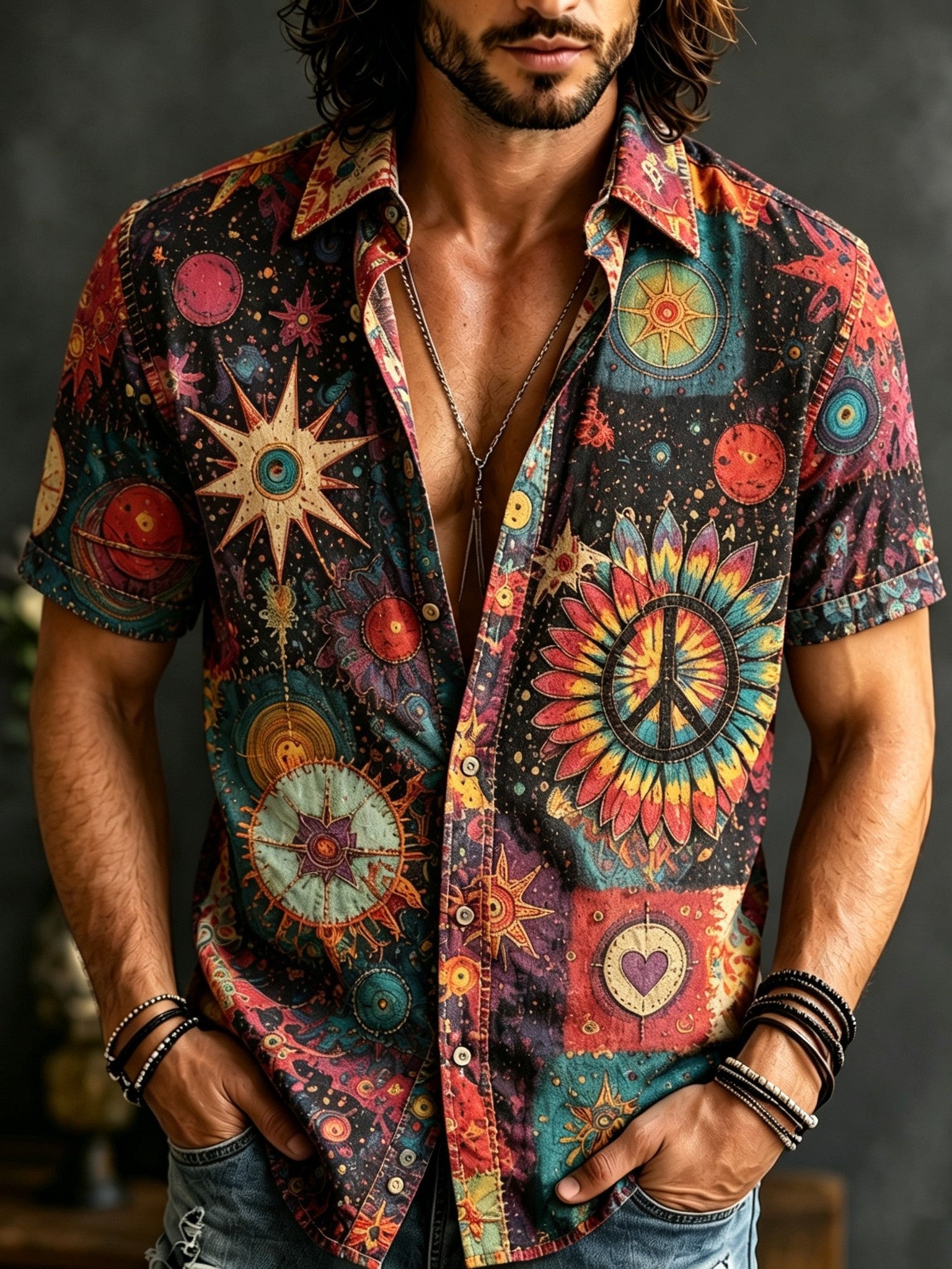 Men's Retro Bohemian Hippie Style Floral Print Cotton Linen Short-sleeve Shirt