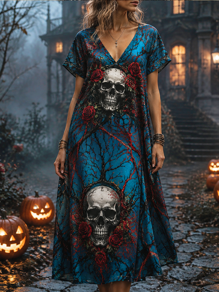 Women's Skull & Rose Print V-neck Maxi Dress - Boho Halloween Style Short Sleeve Dress