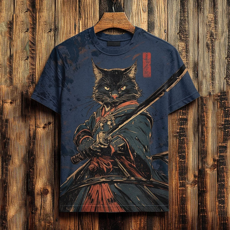 Men's Black Cat Samurai Japanese Art Print Casual T-shirt