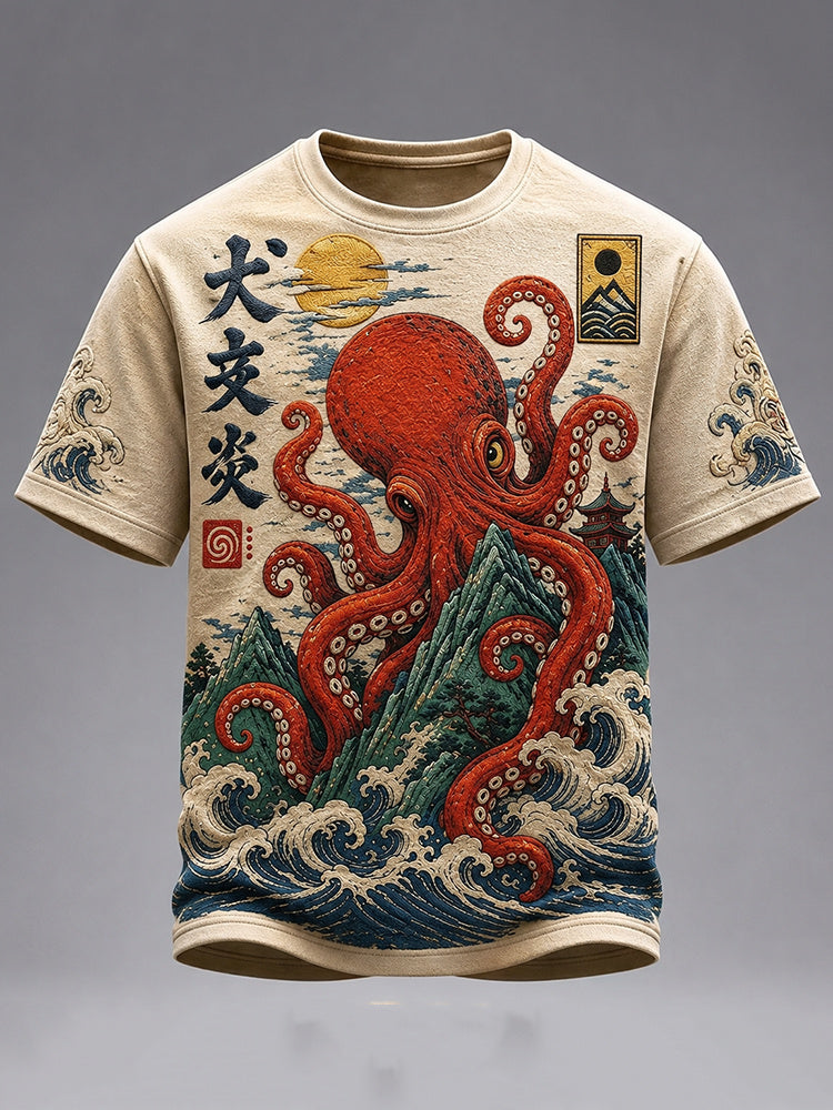 Men's Vintage Japanese Octopus And Wave Art Print Crew Neck Short Sleeve Casual T-shirt