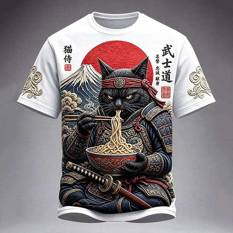 Men's Black Cat Samurai Eats Ramen Print Casual T-shirt