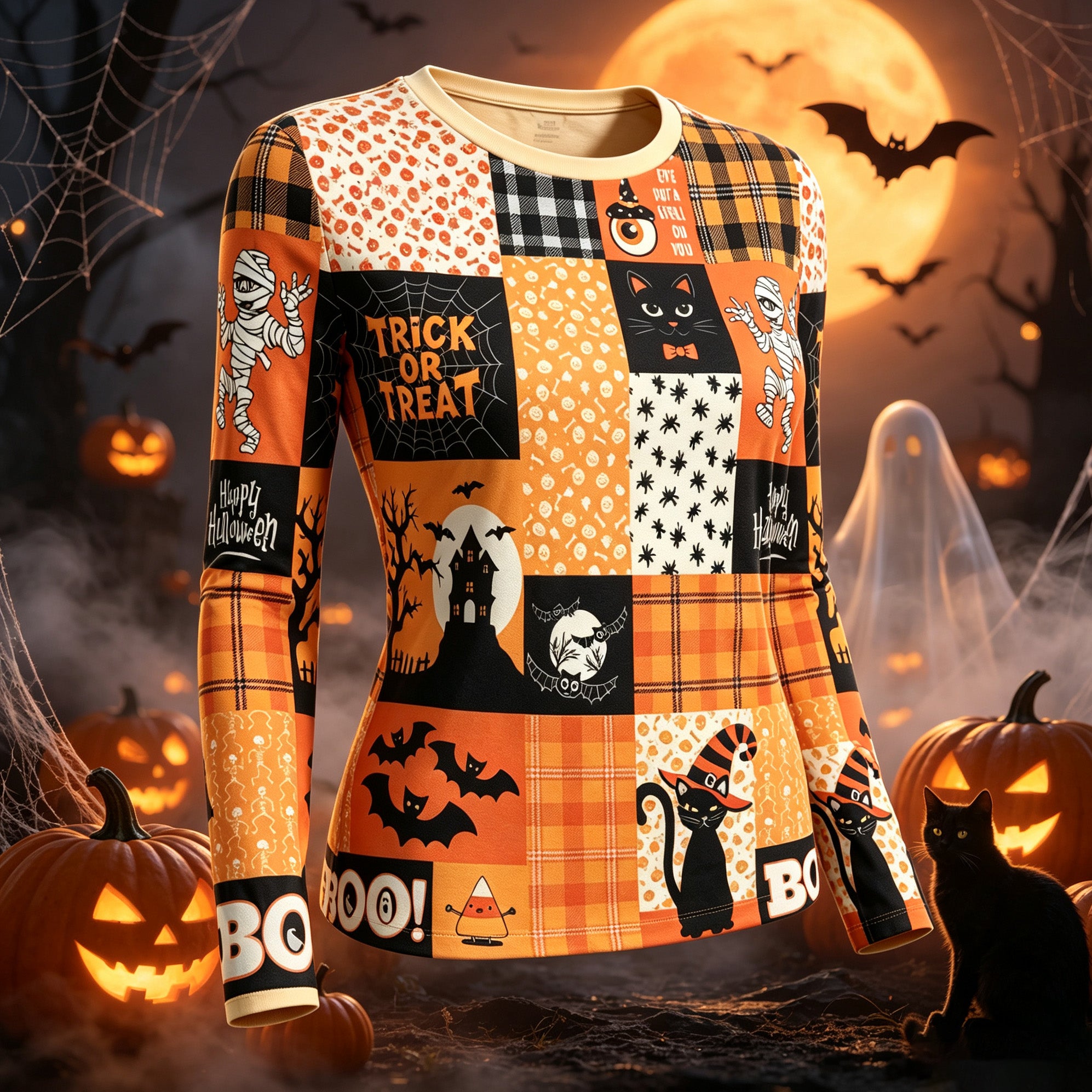 Women's Retro Halloween Theme Cat Plaid Patchwork Print Long-sleeve T-shirt