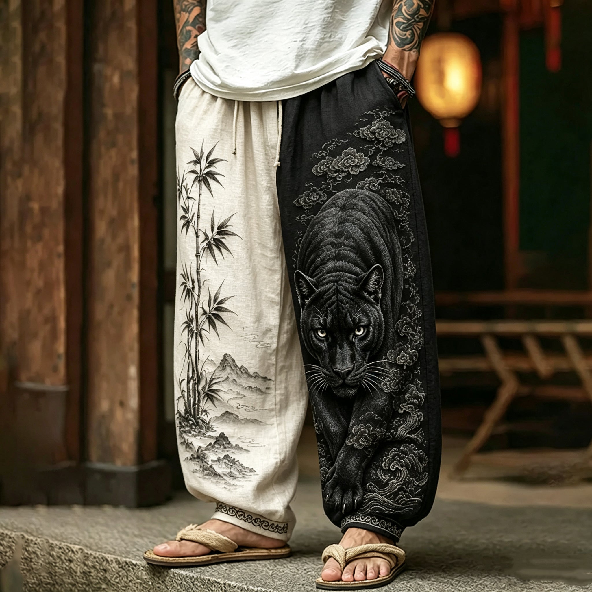 Men's Retro Landscape Painting And Black Panther Art Pattern Linen Casual Pants