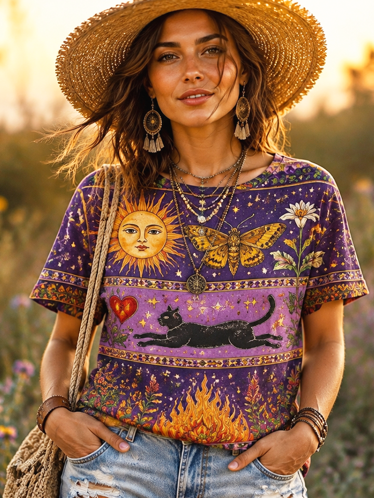 Women's Casual Short-sleeve T-shirt With Bohemian Sun, Butterfly, Black Cat, And Floral Graphic Print