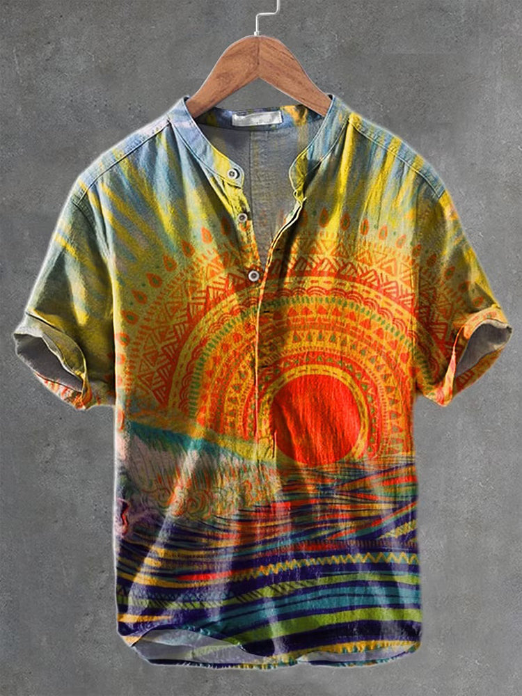 Men's Retro Hippie Sun And Rainbow Patterns Prints Linen Blend Short-sleeve Shirt