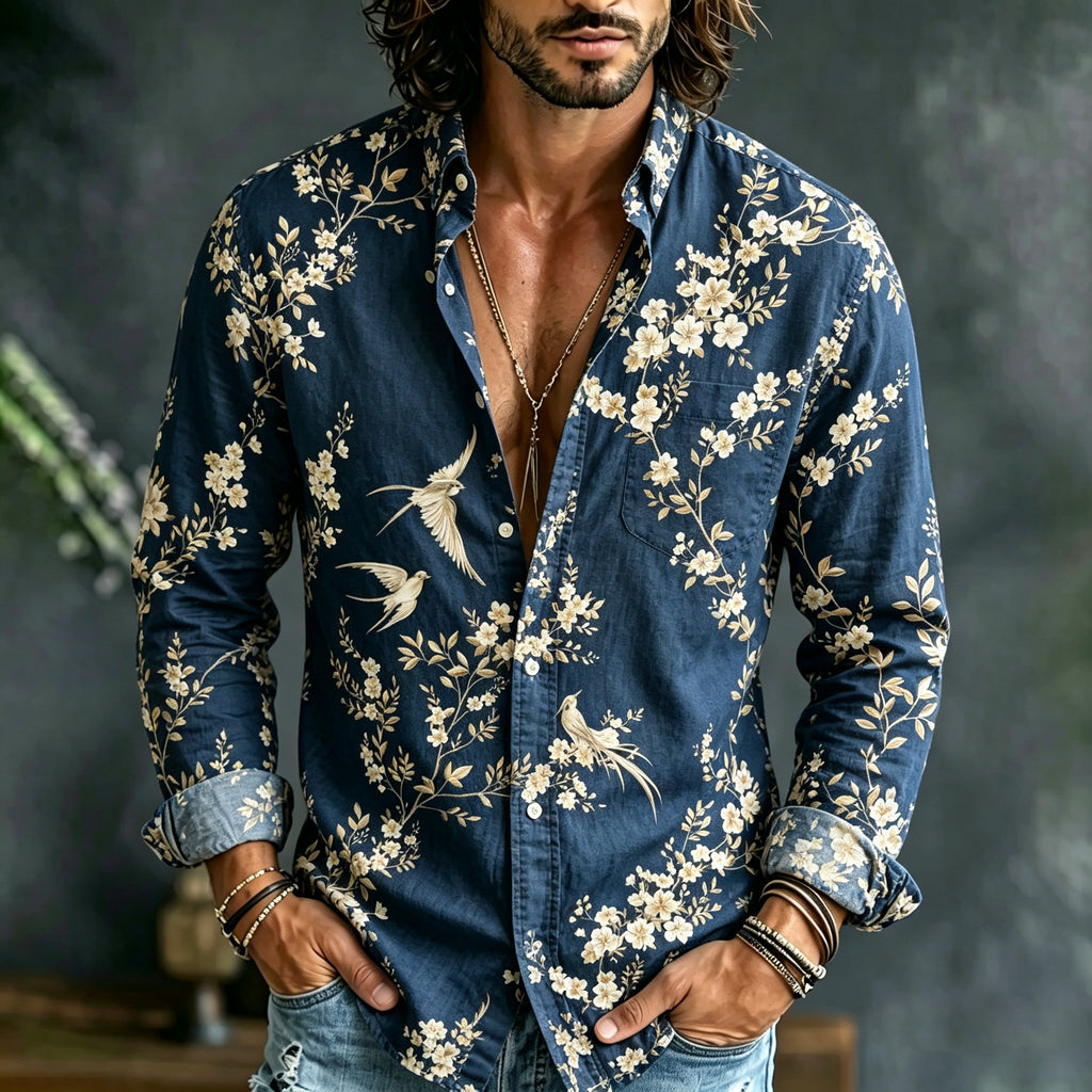 Men's Retro Vacation Floral Bird Cotton Linen Long-sleeved Shirt