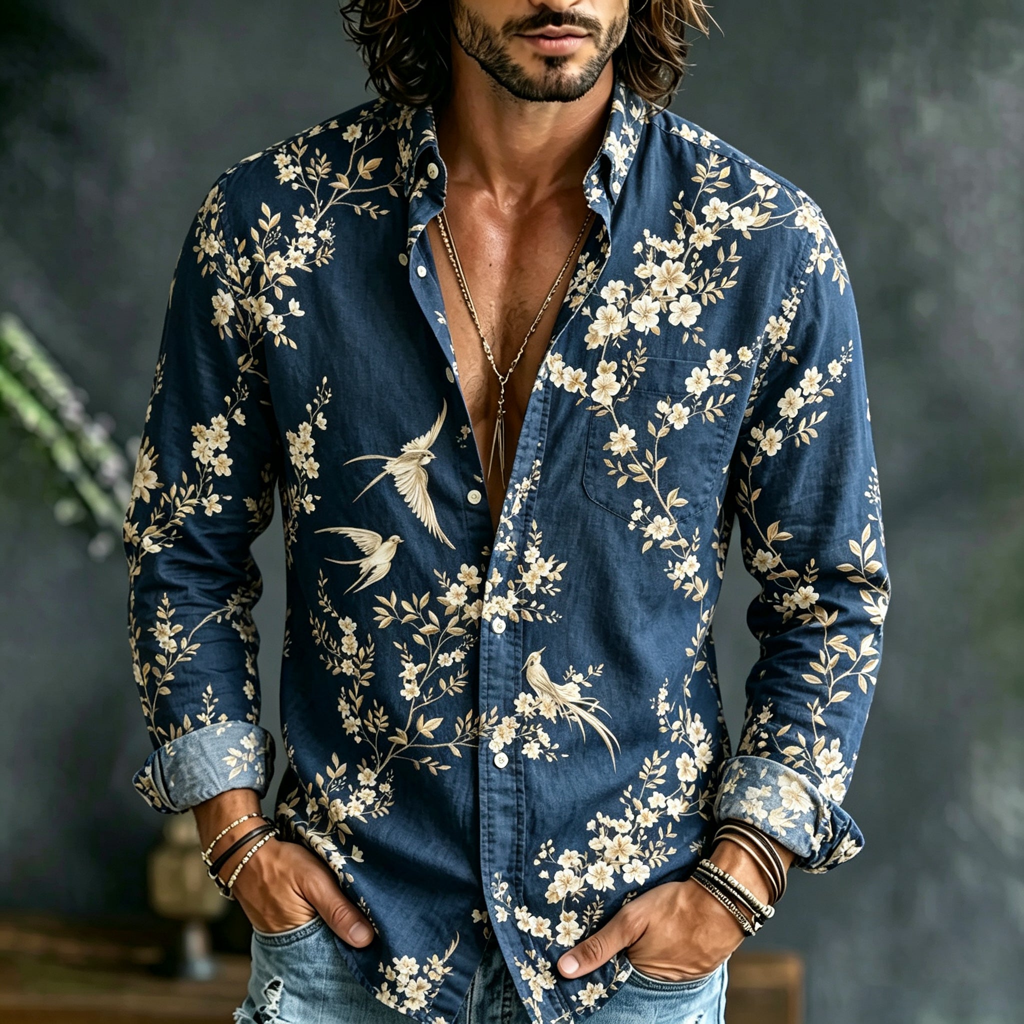 Men's Retro Vacation Floral Bird Cotton Linen Long-sleeved Shirt