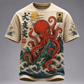 Men's Vintage Japanese Octopus And Wave Art Print Crew Neck Short Sleeve Casual T-shirt