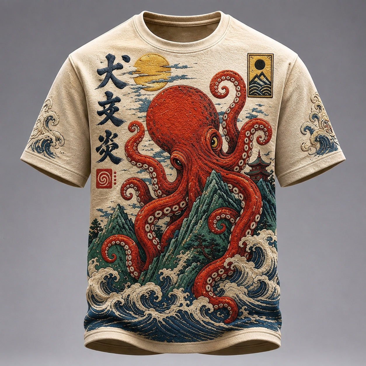 Men's Vintage Japanese Octopus And Wave Art Print Crew Neck Short Sleeve Casual T-shirt