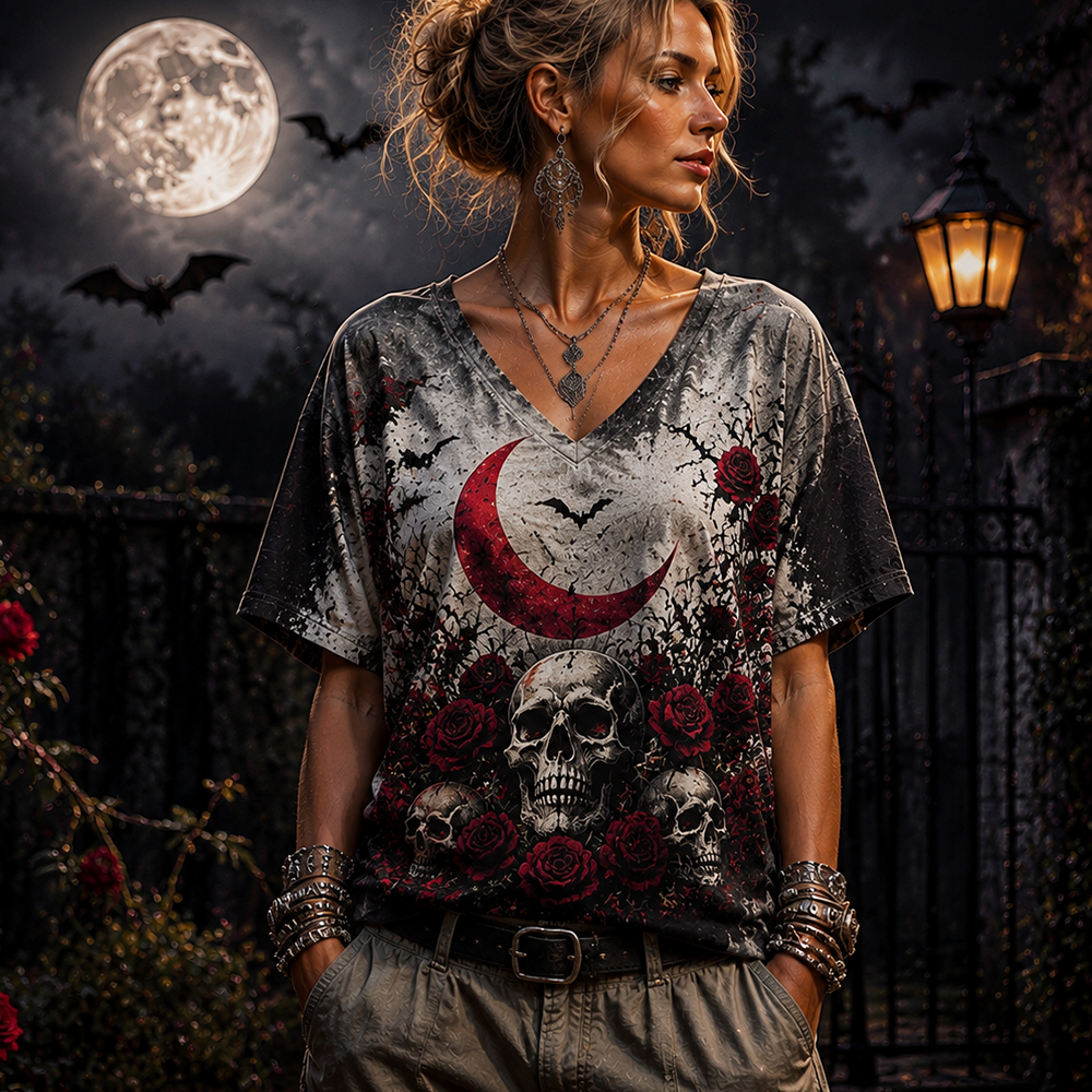 Women's Gothic V-neck T-shirt With Red Crescent Moon, Bats, And Rose Skull Graphic Print