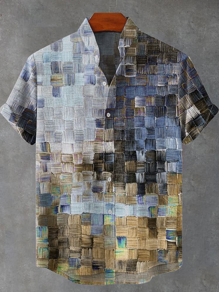 Oil Painting Style Lattice Vintage Art Print Casual Cotton Linen Shirt