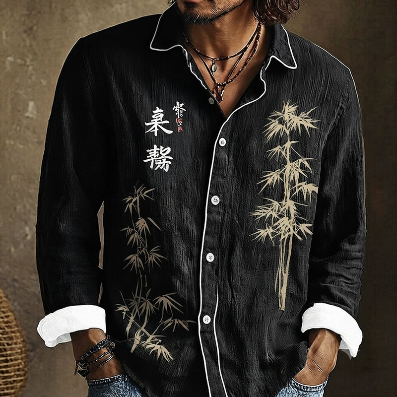 Men's Retro Japanese Bamboo And Calligraphy Art Pattern Casual Shirt