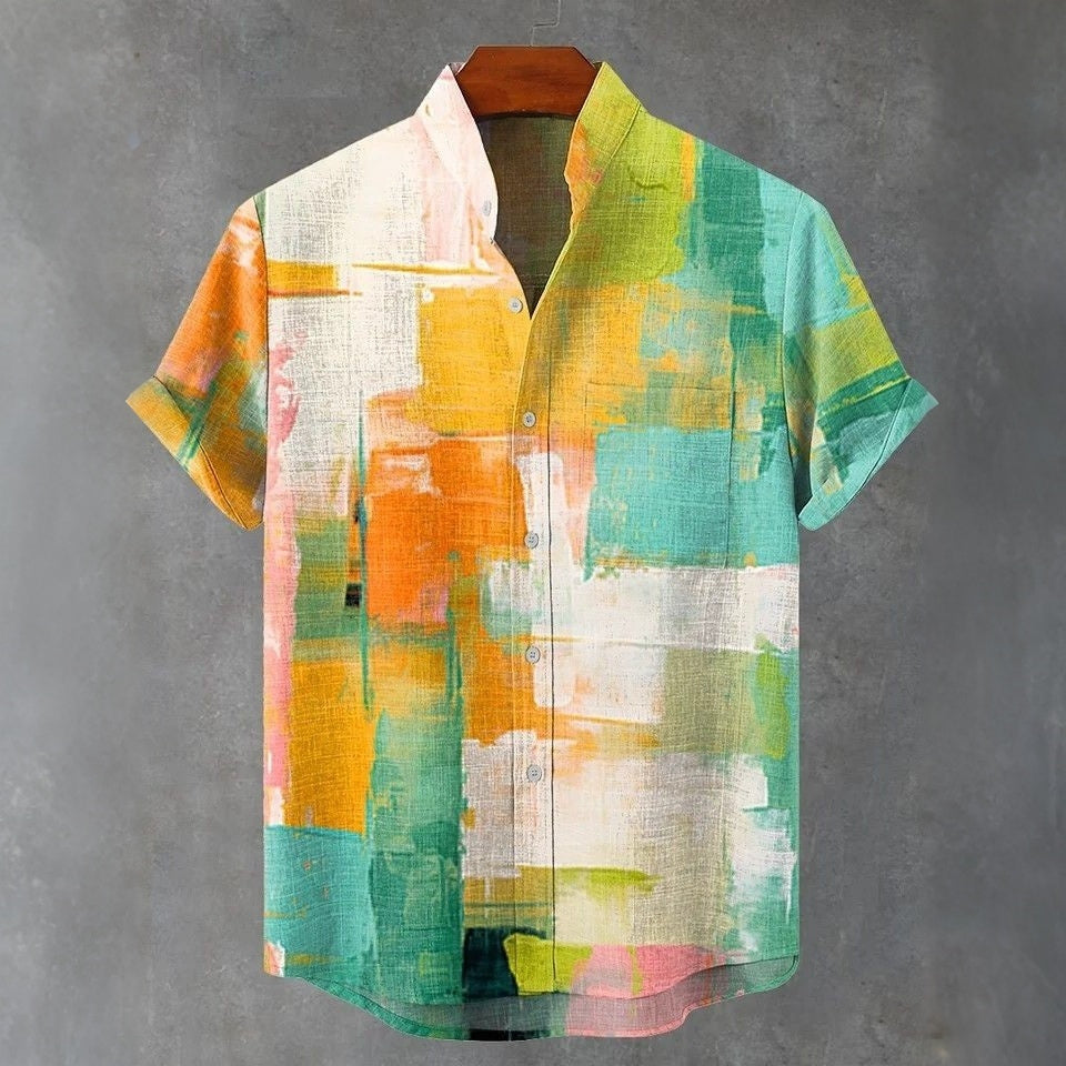 Men's Retro Colorful Color Block Art Print Cotton Linen Short-sleeve Shirt