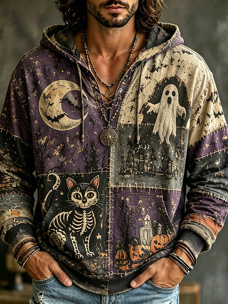 Men’s Vintage Patchwork Distressed Ghost Skeleton Black Cat Moon Castle Graphic Pullover