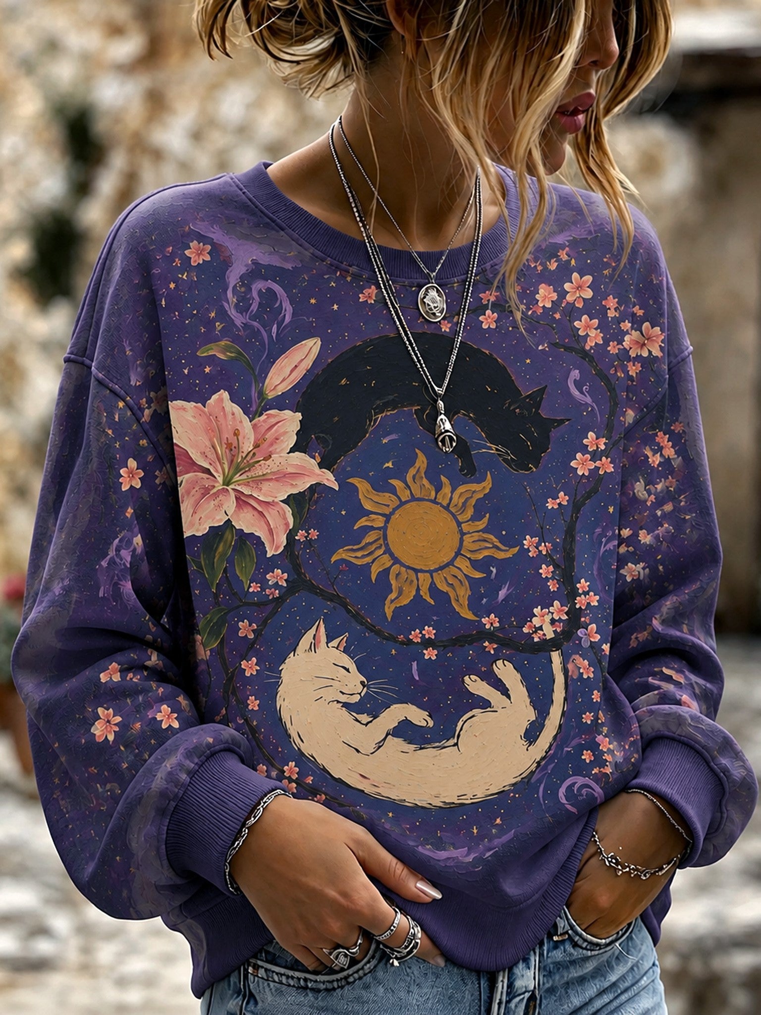Women's Retro Bohemian Hippie Style Floral Cat Print Sweatshirt