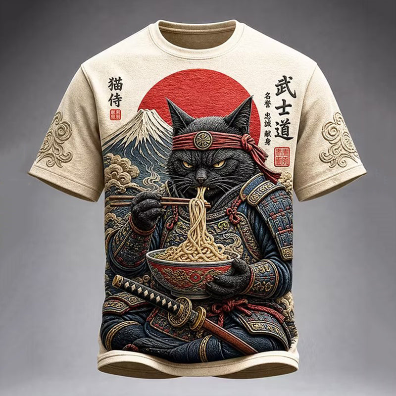 Men's Black Cat Samurai Eats Ramen Print Casual T-shirt