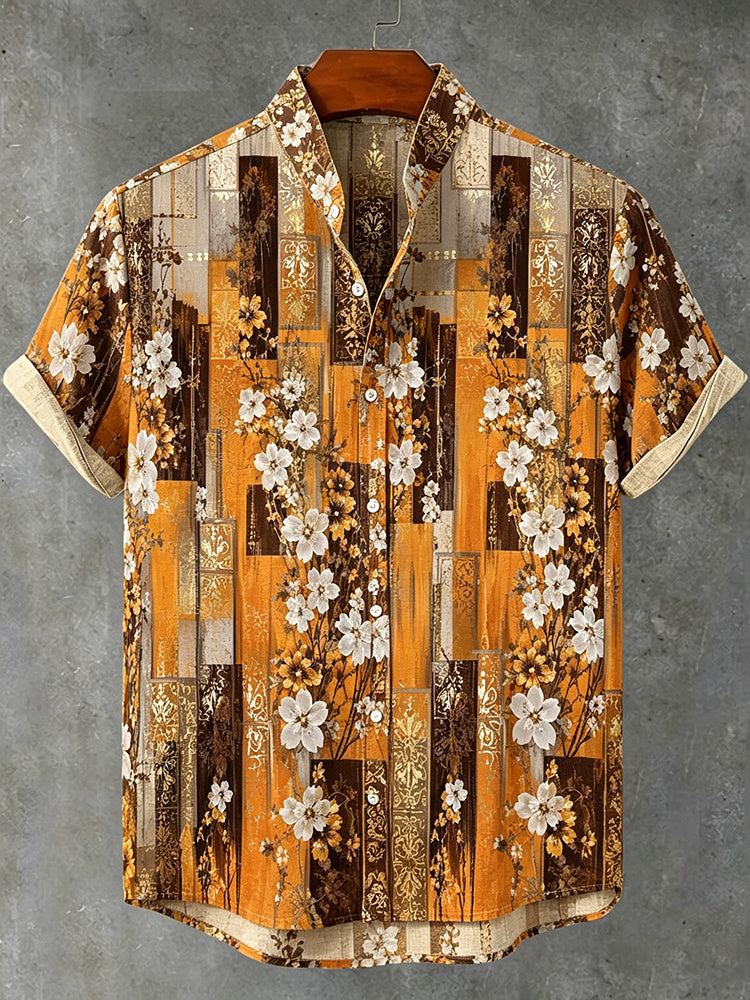 Men's Retro Vacation Color Block Floral Print Short-sleeve Cotton Linen Shirt