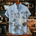 Men's Classic Japanese Red-crowned Crane And Pine Tree Print Short Sleeve Linen Shirt
