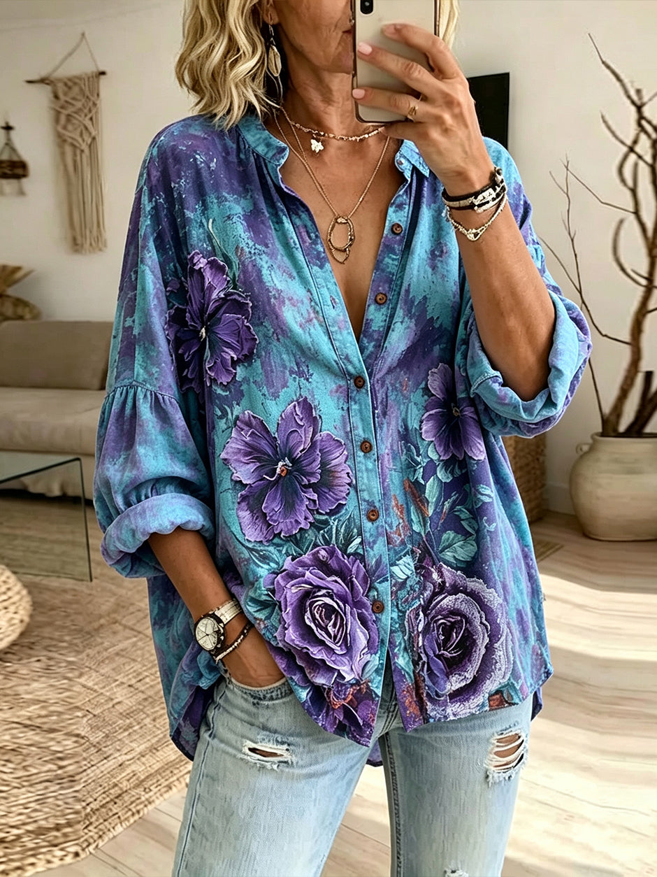 Women's Vintage Purple Rose Oil Painting Pattern Casual Shirt