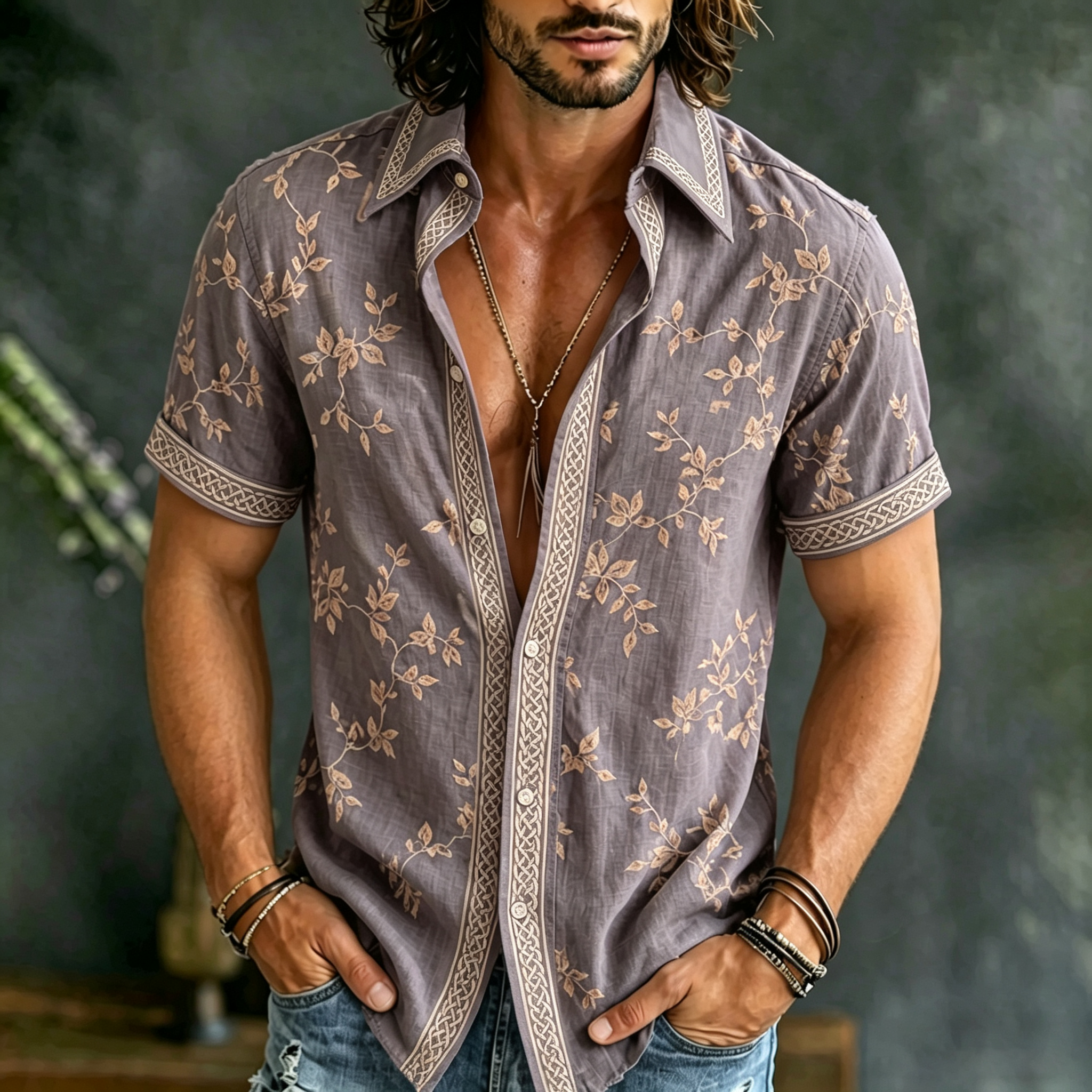 Men's Retro Floral Embroidered Short-sleeve Shirt