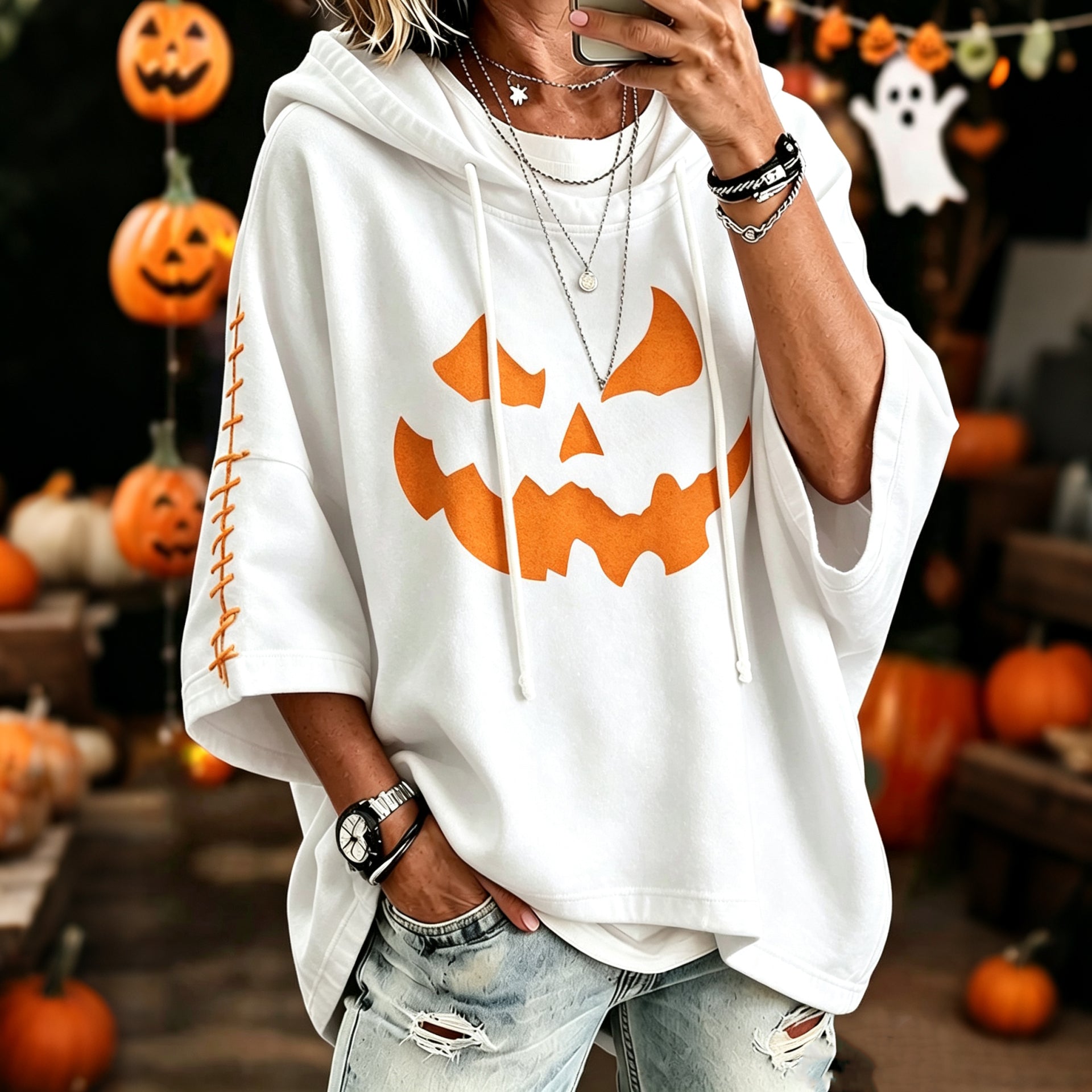 Women's Retro Halloween Pumpkin Smiley Face Print Casual Hoodie