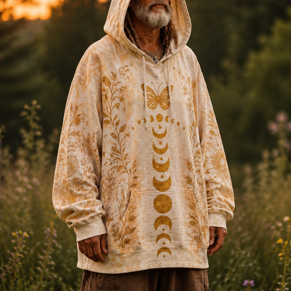 Men's Boho Moon Phases And Butterfly Print Pocket Hoodie