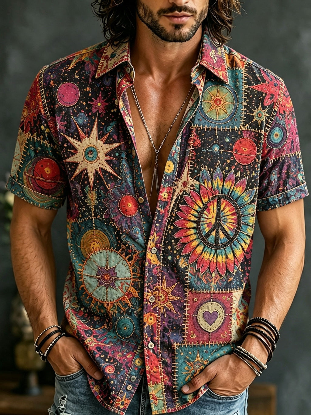 Men's Retro Bohemian Hippie Style Floral Print Cotton Linen Short-sleeve Shirt