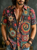 Men's Retro Bohemian Hippie Style Floral Print Cotton Linen Short-sleeve Shirt