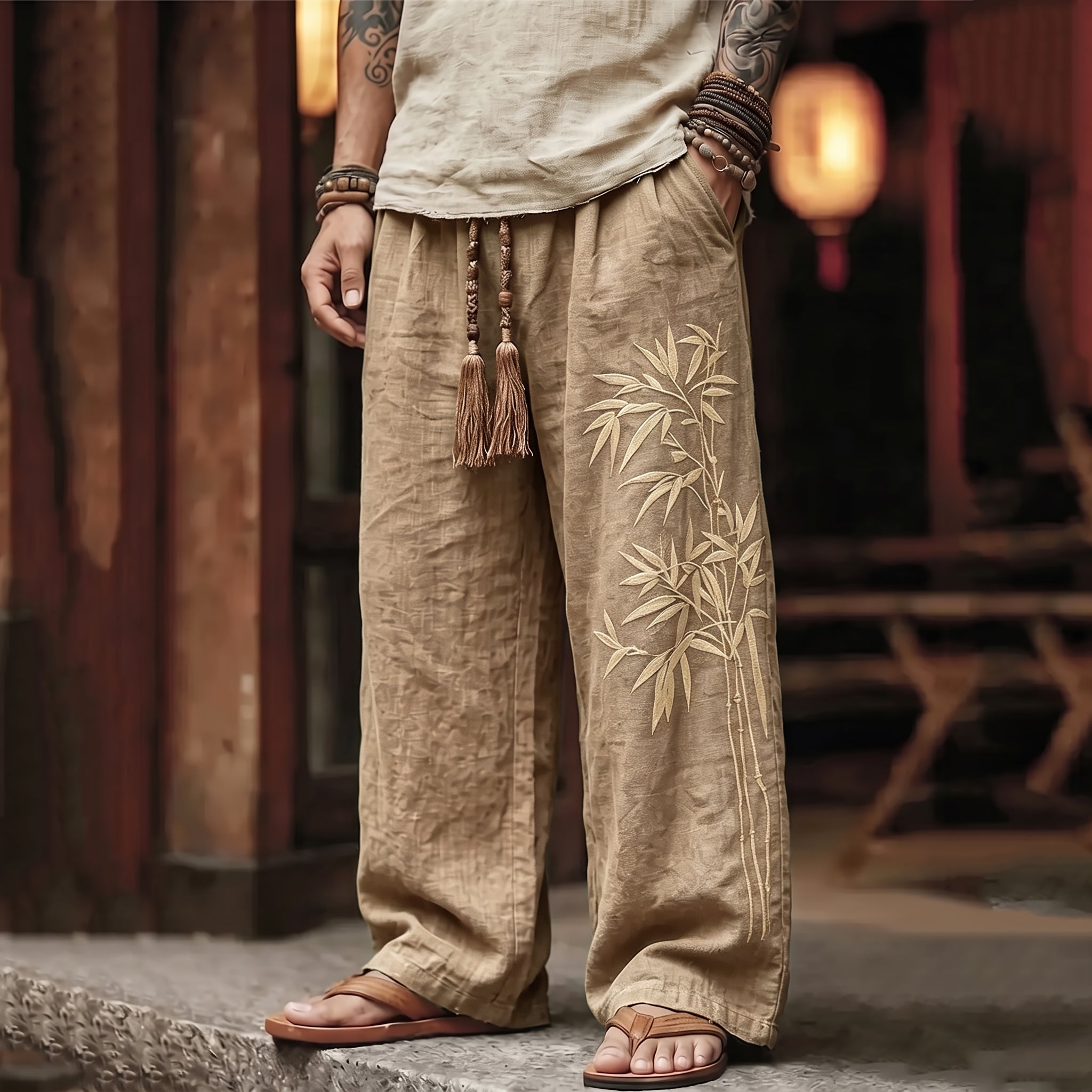 Men's Vintage Japanese Bamboo Art Print Linen Blend Pants