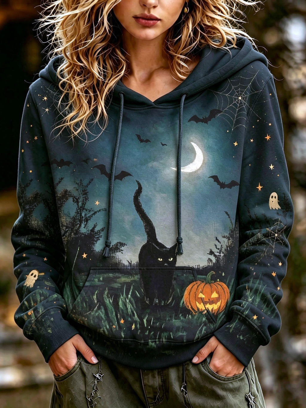 Women's Retro Halloween Cat Print Hoodie