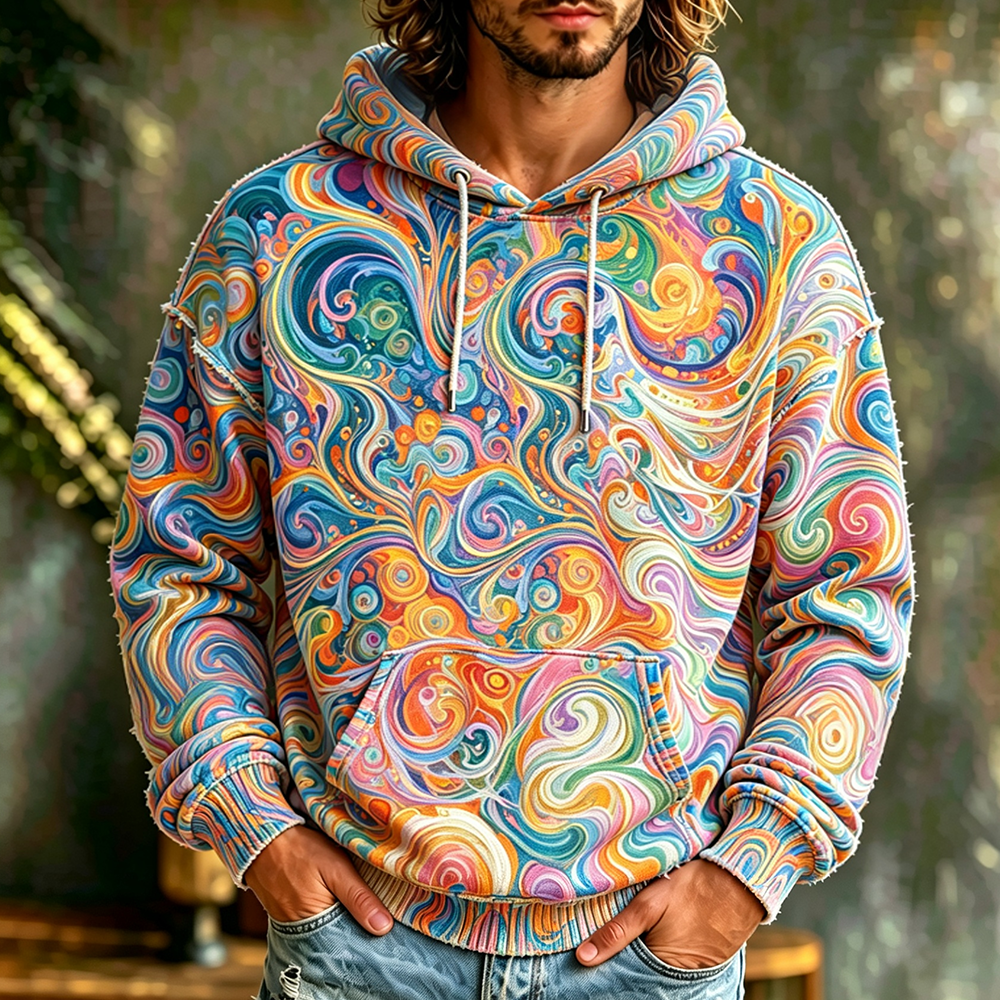 Men's Casual Pullover Hoodie With Colorful Psychedelic Swirl And Fluid Art Print