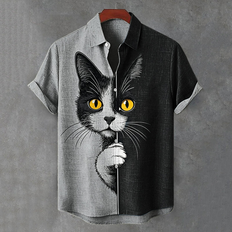 Men's  The Peeping Cat Colorblock Art Casual Short Sleeve Shirts