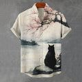 Men's Cherry Blossom Black Cat Japanese Style Print Short Sleeve Shirt