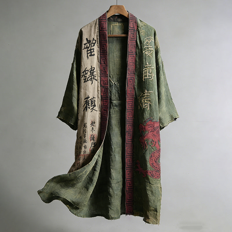Men's Japanese Dragon Pattern Calligraphy And Painting Art Linen Long Kimono