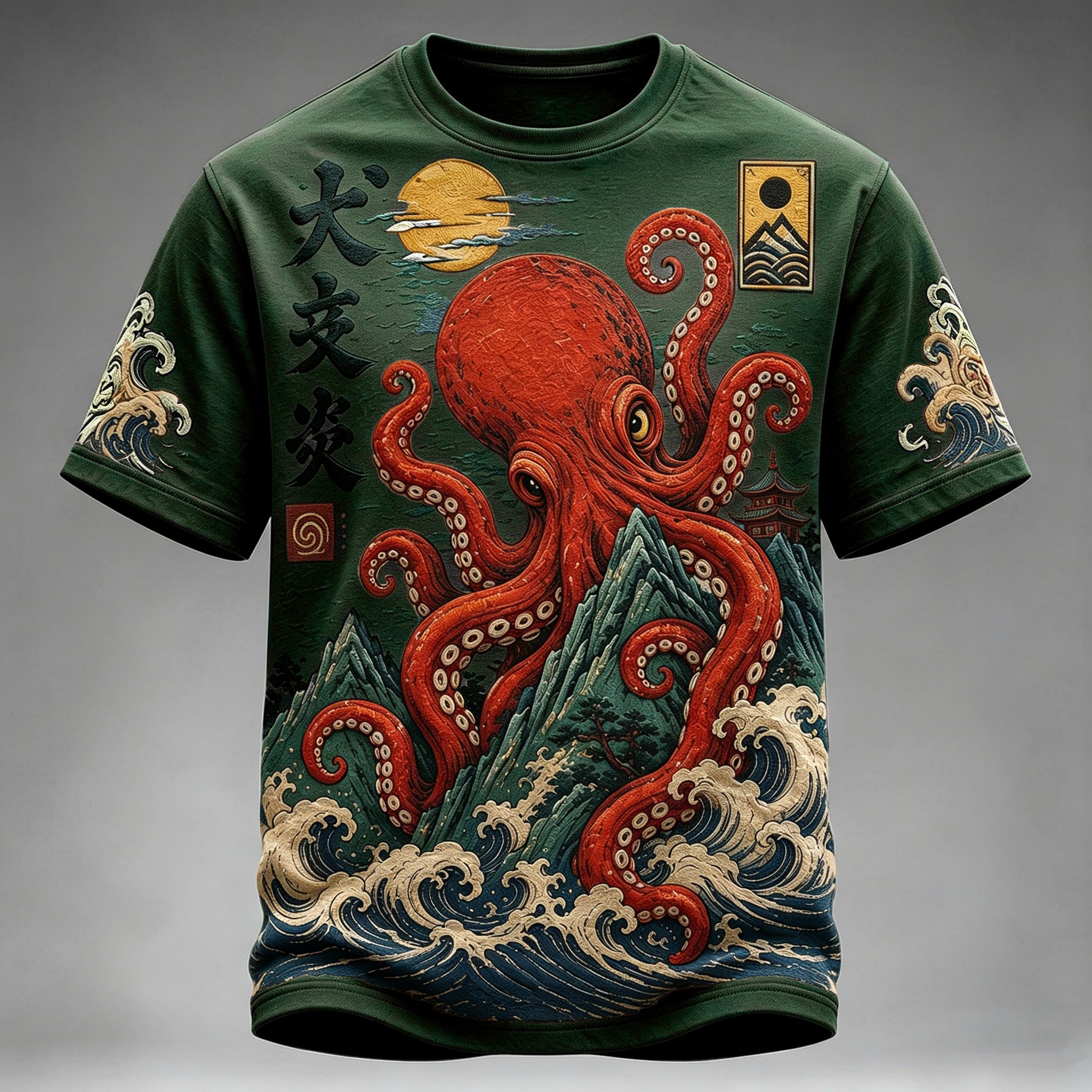 Men's Vintage Japanese Octopus And Wave Art Print Crew Neck Short Sleeve Casual T-shirt