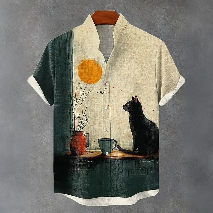 Vintage Cute Cat Patchwork Art Print Casual Cotton Linen Shirt