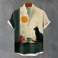 Vintage Cute Cat Patchwork Art Print Casual Cotton Linen Shirt