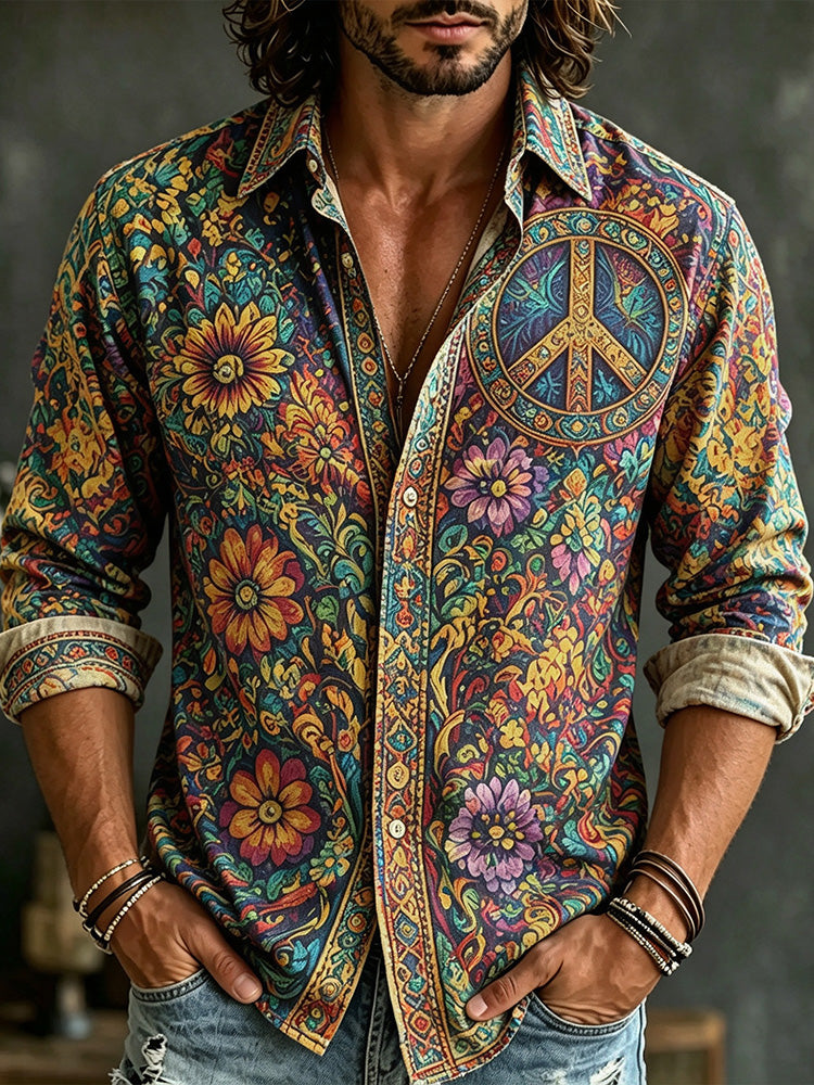 Men's Vintage Hippie Boho Floral Peace Symbol Long Sleeve Shirt
