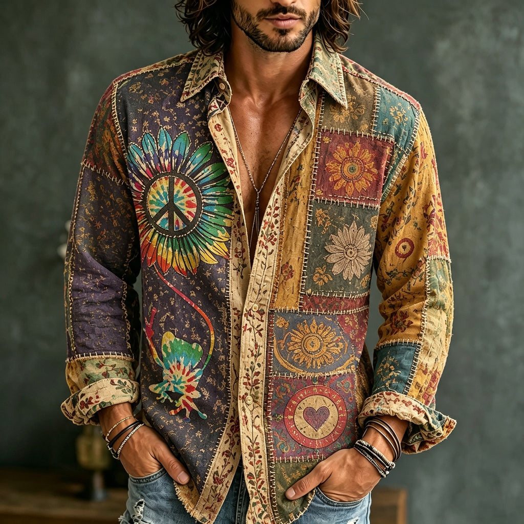 Men's Retro Bohemian Hippie Style Floral Patchwork Print Shirt